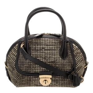 Salvatore Ferragamo Black Leather Satchel Padlock Houndstooth Shoulder Bag Purse